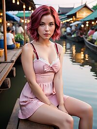 A stunningly pretty woman with burgundy bobcut hair floats through the twilight floating market